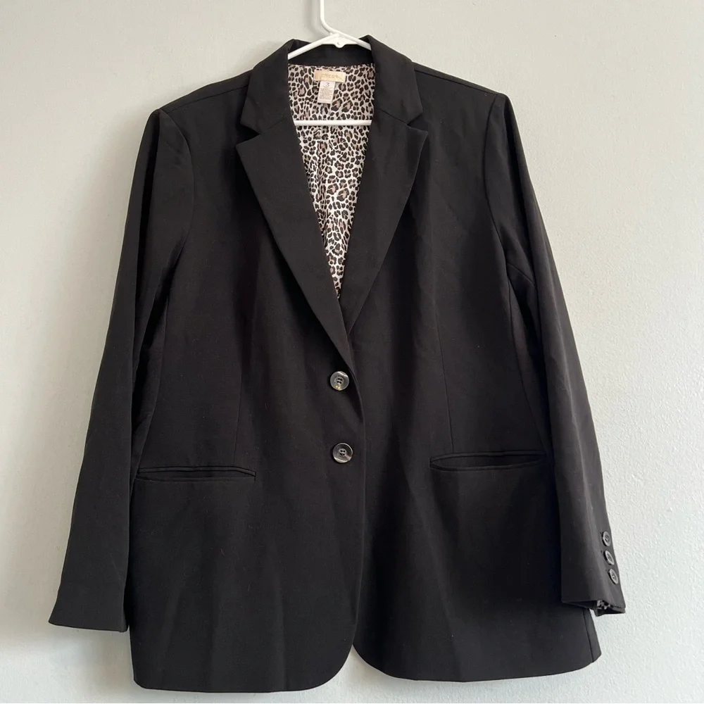 Chico's Womens Two Button Black Blazer Sz L Leopard Print Lined Office Career